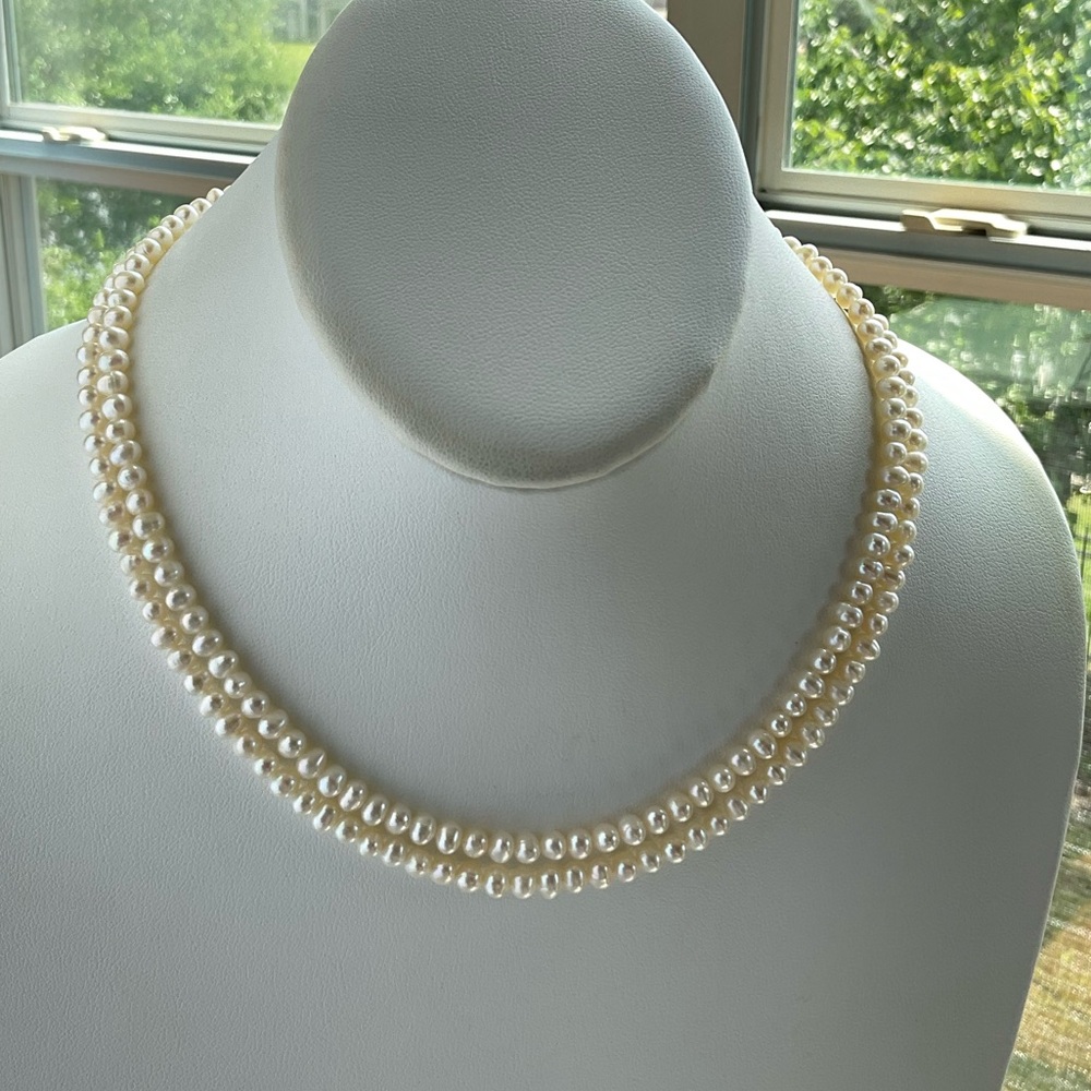 White Pearl Necklace, Oval Fresh Water Pearls, 16 3/4” Long, June Birthstone - Picture 9 of 11